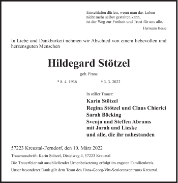 Traueranzeige von Hildegard Stötzel von Siegener Zeitung