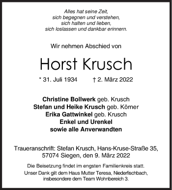 Traueranzeige von Horst Krusch von Siegener Zeitung
