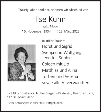 Traueranzeige von Ilse Kuhn von Siegener Zeitung