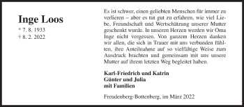 Traueranzeige von Inge Loos von Siegener Zeitung