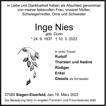 Traueranzeige von Inge Nies von Siegener Zeitung