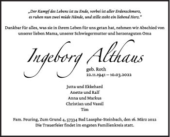Traueranzeige von Ingeborg Althaus von Siegener Zeitung