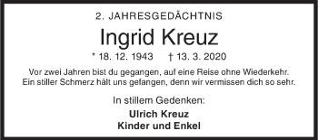 Traueranzeige von Ingrid Kreuz von Siegener Zeitung