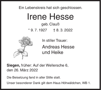 Traueranzeige von Irene Hesse von Siegener Zeitung