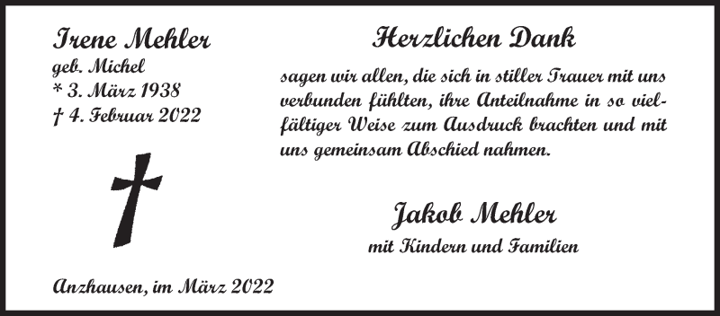  Traueranzeige für Irene Mehler vom 19.03.2022 aus Siegener Zeitung