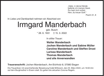 Traueranzeige von Irmgard Manderbach von Siegener Zeitung