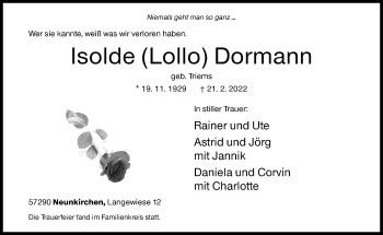 Traueranzeige von Isolde Dormann von Siegener Zeitung