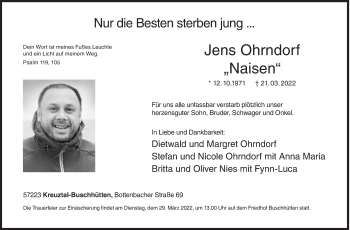Traueranzeige von Jens Ohrndorf von Siegener Zeitung
