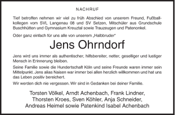 Traueranzeige von Jens Ohrndorf von Siegener Zeitung
