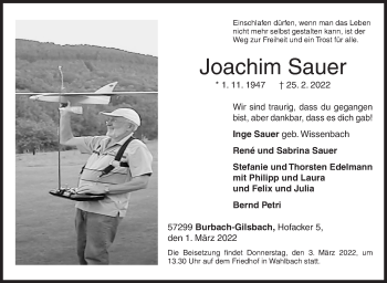 Traueranzeige von Joachim Sauer von Siegener Zeitung