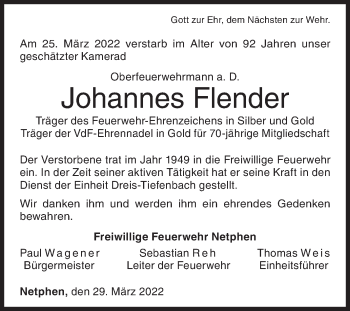 Traueranzeige von Johannes Flender von Siegener Zeitung