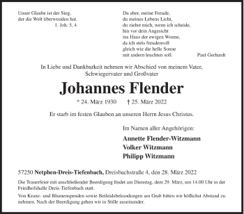 Traueranzeige von Johannes Flender von Siegener Zeitung