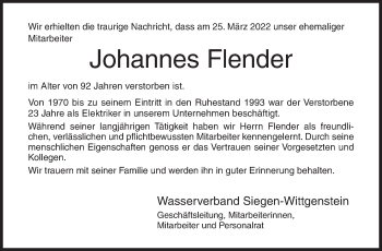 Traueranzeige von Johannes Flender von Siegener Zeitung