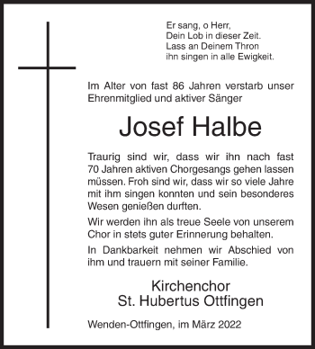 Traueranzeige von Josef Halbe von Siegener Zeitung