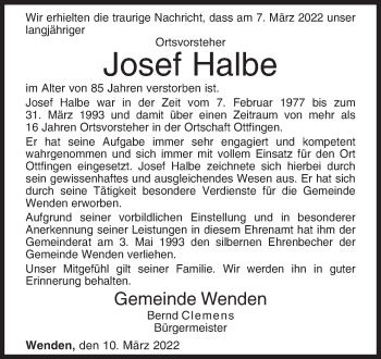 Traueranzeige von Josef Halbe von Siegener Zeitung