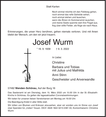 Traueranzeige von Josef Wurm von Siegener Zeitung