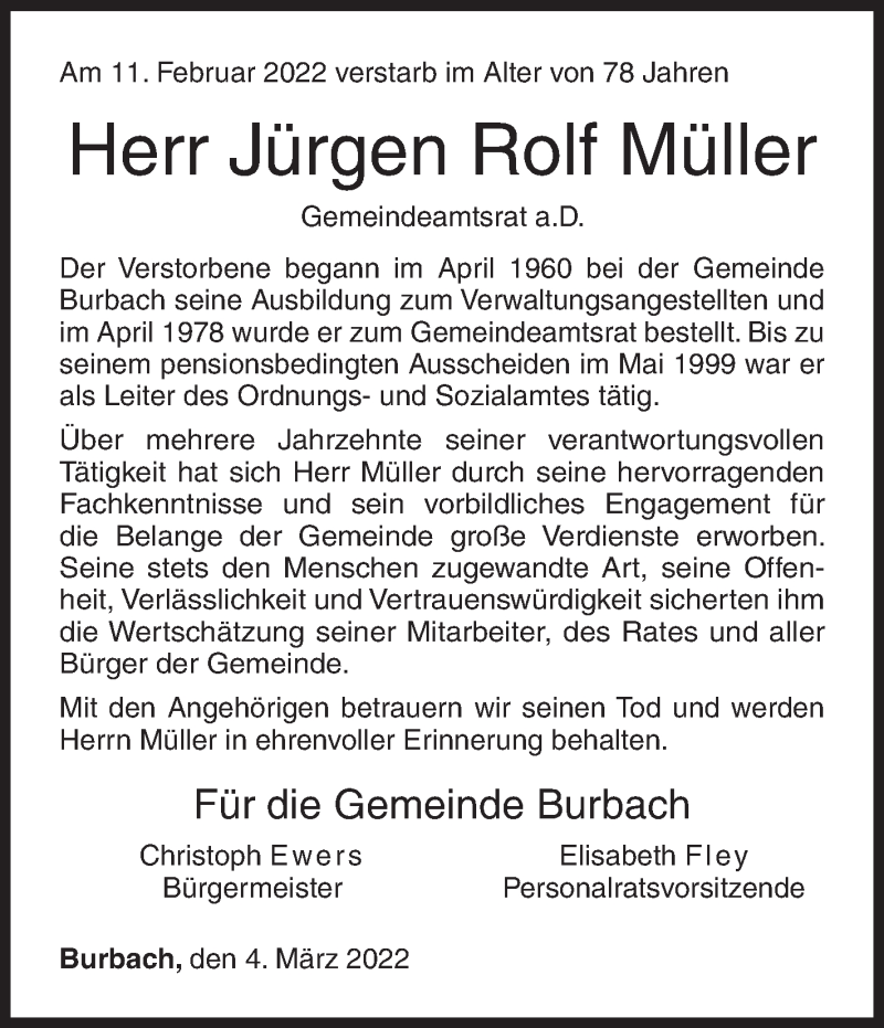  Traueranzeige für Jürgen Rolf Müller vom 04.03.2022 aus Siegener Zeitung
