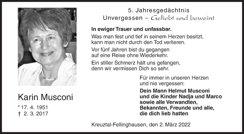  Traueranzeige für Karin Musconi vom 02.03.2022 aus Siegener Zeitung