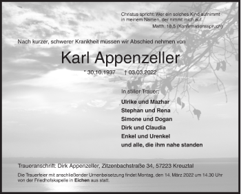Traueranzeige von Karl Appenzeller von Siegener Zeitung