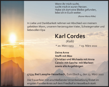 Traueranzeige von Karl Cordes von Siegener Zeitung