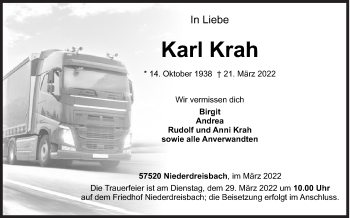 Traueranzeige von Karl Krah von Siegener Zeitung