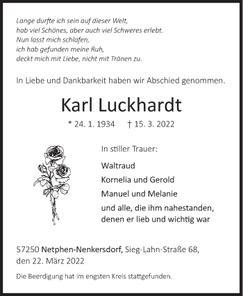 Traueranzeige von Karl Luckhardt von Siegener Zeitung