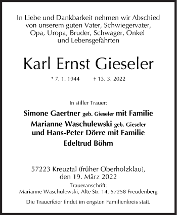 Traueranzeige von Karl Ernst Gieseler von Siegener Zeitung