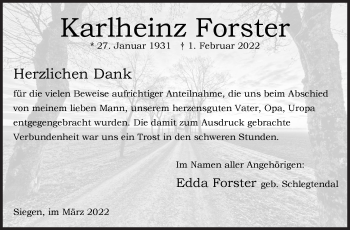 Traueranzeige von Karlheinz Forster von Siegener Zeitung