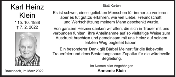 Traueranzeige von Karl Heinz Klein von Siegener Zeitung