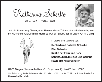 Traueranzeige von Katharina Schortje von Siegener Zeitung
