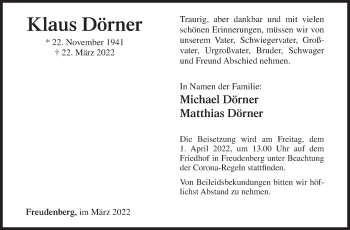 Traueranzeige von Klaus Dörner von Siegener Zeitung
