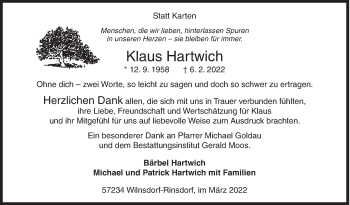 Traueranzeige von Klaus Hartwich von Siegener Zeitung