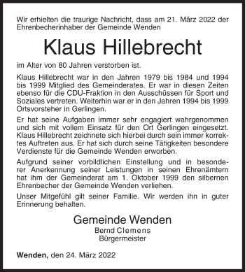 Traueranzeige von Klaus Hillebrecht von Siegener Zeitung