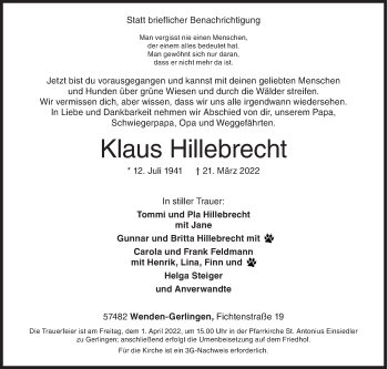 Traueranzeige von Klaus Hillebrecht von Siegener Zeitung