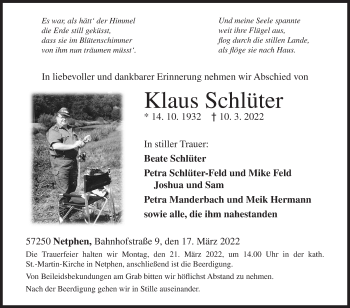 Traueranzeige von Klaus Schlüter von Siegener Zeitung