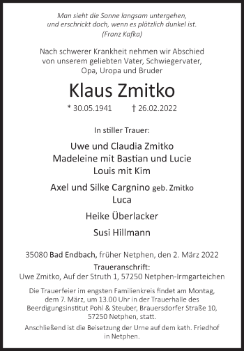 Traueranzeige von Klaus Zmitko von Siegener Zeitung