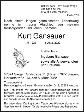 Traueranzeige von Kurt Gansauer von Siegener Zeitung