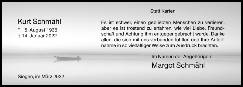  Traueranzeige für Kurt Schmähl vom 03.03.2022 aus Siegener Zeitung