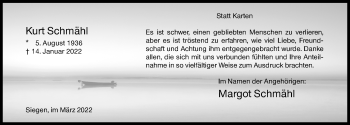 Traueranzeige von Kurt Schmähl von Siegener Zeitung