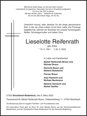 Traueranzeige von Lieselotte Reifenrath von Siegener Zeitung