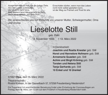 Traueranzeige von Lieselotte Still von Siegener Zeitung