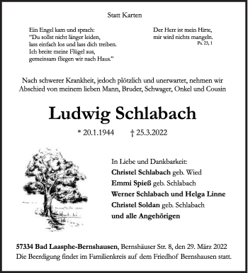 Traueranzeige von Ludwig Schlabach von Siegener Zeitung