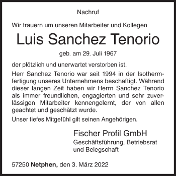 Traueranzeige von Luis  Sanchez Tenorio von Siegener Zeitung