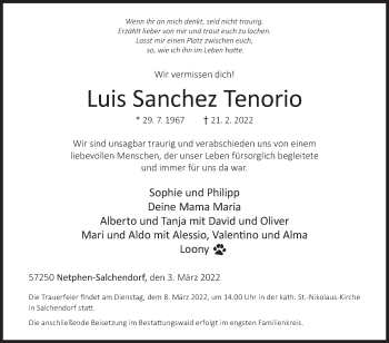 Traueranzeige von Luis  Sanchez Tenorio von Siegener Zeitung