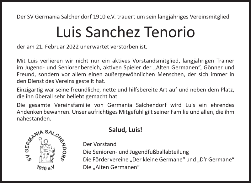  Traueranzeige für Luis  Sanchez Tenorio vom 03.03.2022 aus Siegener Zeitung