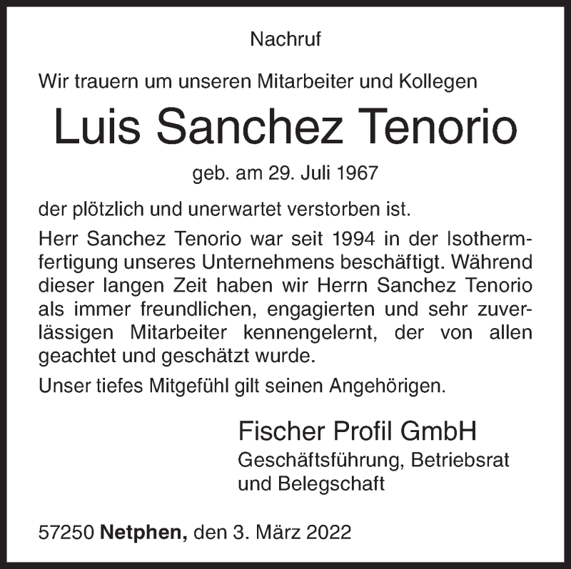  Traueranzeige für Luis  Sanchez Tenorio vom 03.03.2022 aus Siegener Zeitung