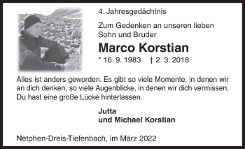 Traueranzeige von Marco Korstian von Siegener Zeitung