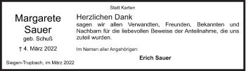 Traueranzeige von Margarete Sauer von Siegener Zeitung