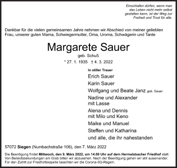 Traueranzeige von Margarete Sauer von Siegener Zeitung