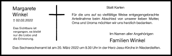Traueranzeige von Margarete Winkel von Siegener Zeitung